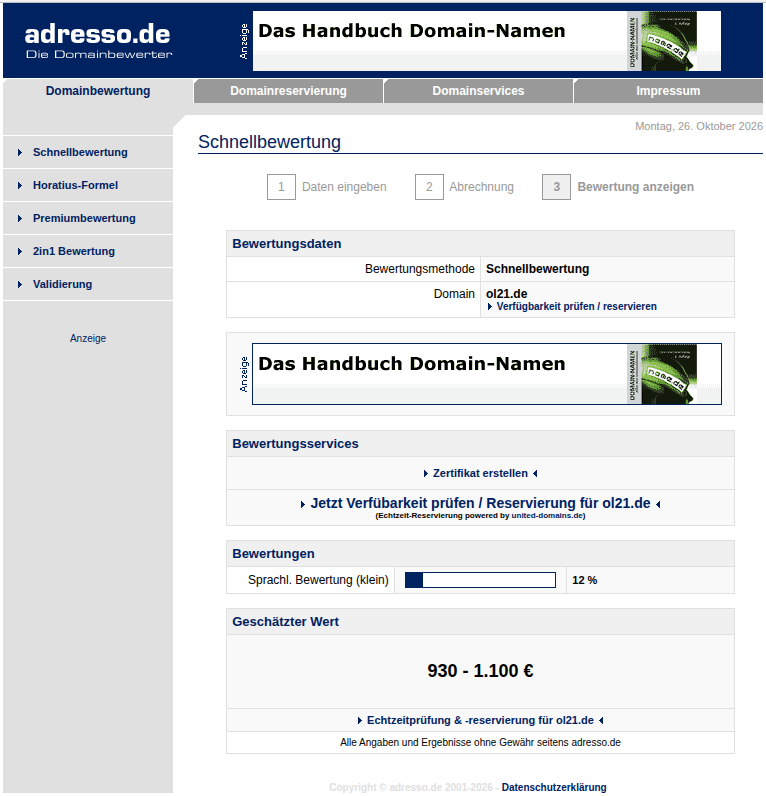Schnellbewertung von adresso.de für ol21.de
